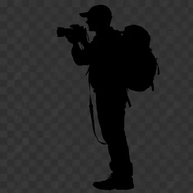 Silhouette of a traveler photographer,full length, black on white background