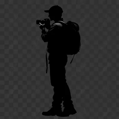 Silhouette of a traveler photographer,full length, black on white background