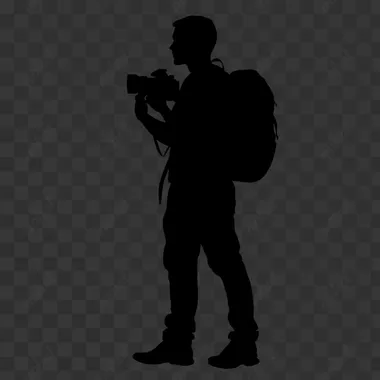 Silhouette of a traveler photographer,full length, black on white background