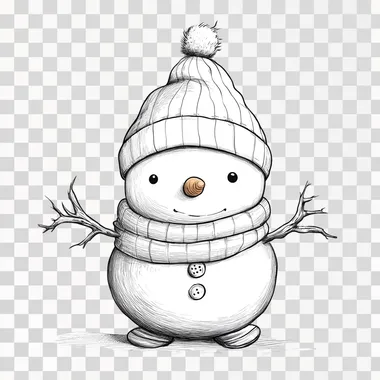 2d illustration of a cartoon snowman featuring a carrot nose, knit beanie hat, branch arms, button smile, and striped scarf. black outline, clean white background --s 50