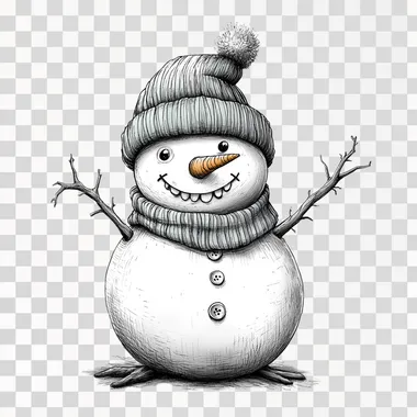 2d illustration of a cartoon snowman featuring a carrot nose, knit beanie hat, branch arms, button smile, and striped scarf. black outline, clean white background --s 50