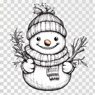 2d illustration of a cartoon snowman featuring a carrot nose, knit beanie hat, branch arms, button smile, and striped scarf. black outline, clean white background --s 50