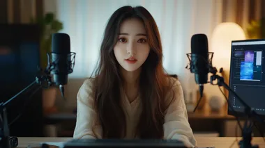 Asian woman with long hair and brown eyes is sitting in front of a desk with a desktop computer, live streaming. She has a fresh look, douyin style makeup. She is looking at the camera, in front of her there are two black microphones on each side of the desk, the image is realistic, sharp, high resolution, 8k