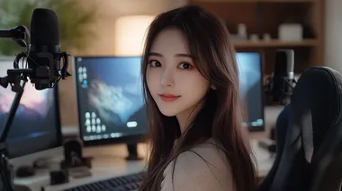 Asian woman with long hair and brown eyes is sitting in front of a desk with a desktop computer, live streaming. She has a fresh look, douyin style makeup. She is looking at the camera, in front of her there are two black microphones on each side of the desk, the image is realistic, sharp, high resolution, 8k