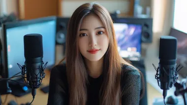 Asian woman with long hair and brown eyes is sitting in front of a desk with a desktop computer, live streaming. She has a fresh look, douyin style makeup. She is looking at the camera, in front of her there are two black microphones on each side of the desk, the image is realistic, sharp, high resolution, 8k
