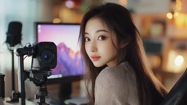 Asian woman with long hair and brown eyes is sitting in front of a desk with a desktop computer, live streaming. She has a fresh look, douyin style makeup. She is looking at the camera, in front of her there are two black microphones on each side of the desk, the image is realistic, sharp, high resolution, 8k