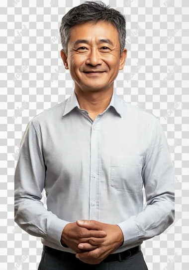Chinese male 45 years old, standing smiling, wearing a shirt, company white-collar image, white background   --s 250