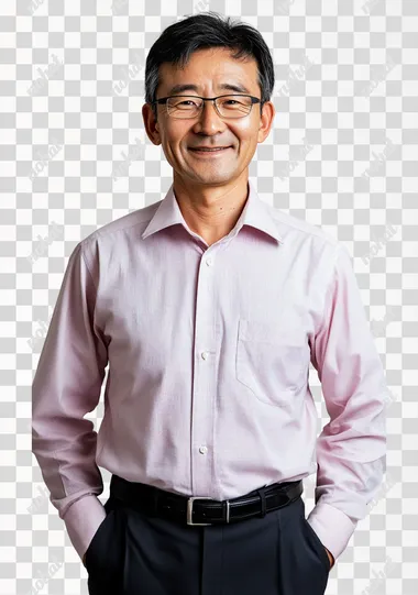 Chinese male 45 years old, standing smiling, wearing a shirt, company white-collar image, white background   --s 250
