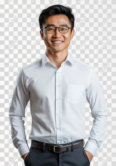 Chinese male 45 years old, standing smiling, wearing a shirt, company white-collar image, white background   --s 250