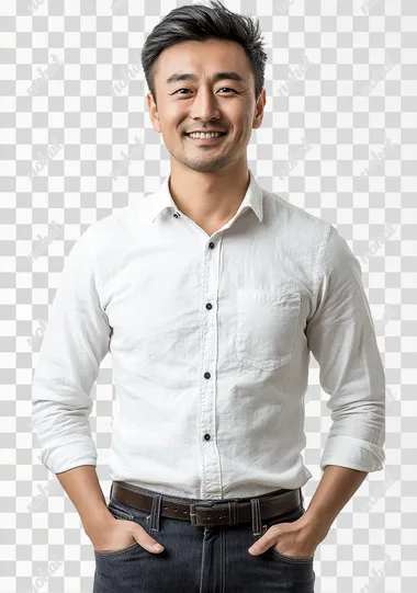 Chinese male 45 years old, standing smiling, wearing a shirt, company white-collar image, white background   --s 250