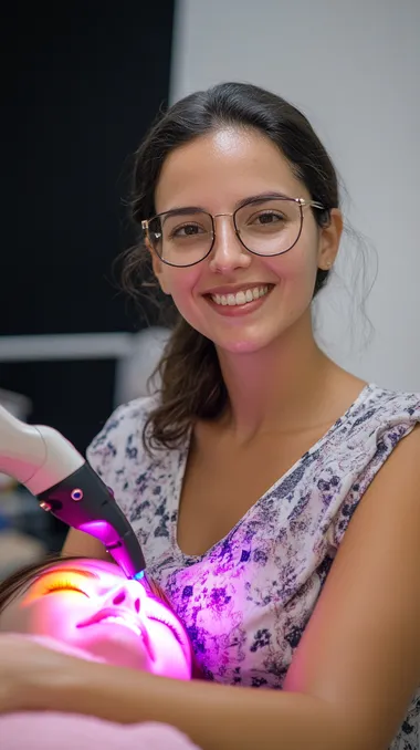 A 22-year-old discharged Israeli soldier in her own clinic is doing a laser hair removal treatment for a client while she smiles at the camera - a very realistic photo taken with the best Canon camera