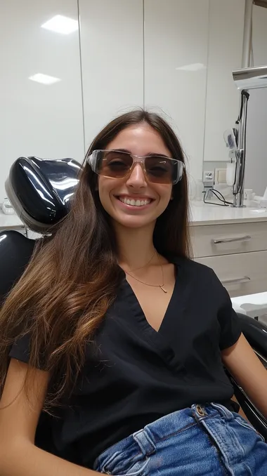 A 22-year-old discharged Israeli soldier in her own clinic is doing a laser hair removal treatment for a client while she smiles at the camera - a very realistic photo taken with the best Canon camera