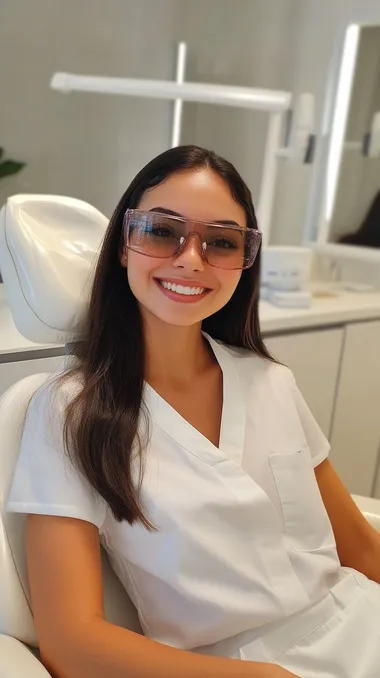 A 22-year-old discharged Israeli soldier in her own clinic is doing a laser hair removal treatment for a client while she smiles at the camera - a very realistic photo taken with the best Canon camera