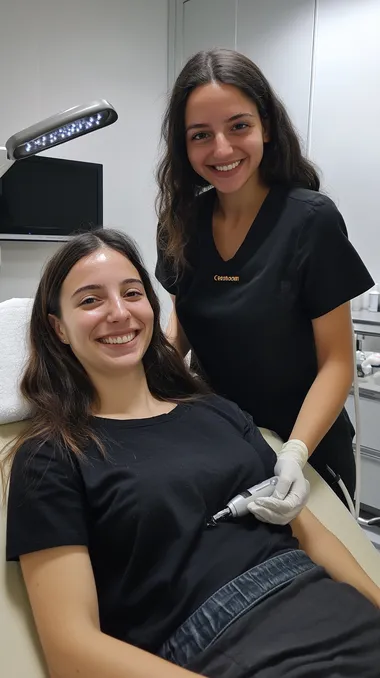 A 22-year-old discharged Israeli soldier in her own clinic is doing a laser hair removal treatment for a client while she smiles at the camera - a very realistic photo taken with the best Canon camera