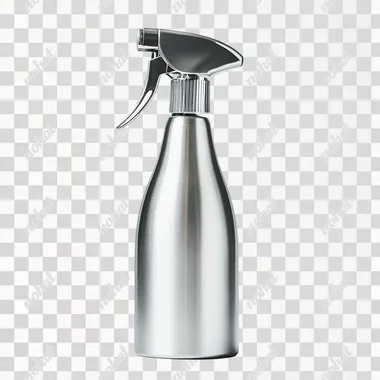 Modern spray bottle head, made of silver metal material with a white background, simple design, high-resolution, professional photography, studio lighting, focus stacking