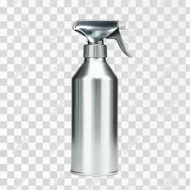 Modern spray bottle head, made of silver metal material with a white background, simple design, high-resolution, professional photography, studio lighting, focus stacking