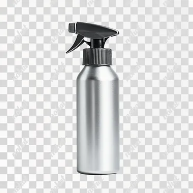 Modern spray bottle head, made of silver metal material with a white background, simple design, high-resolution, professional photography, studio lighting, focus stacking