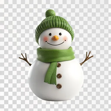 A snowman character with a green scarf on white studio background