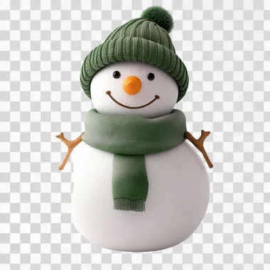 A snowman character with a green scarf on white studio background