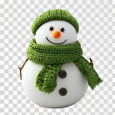 A snowman character with a green scarf on white studio background