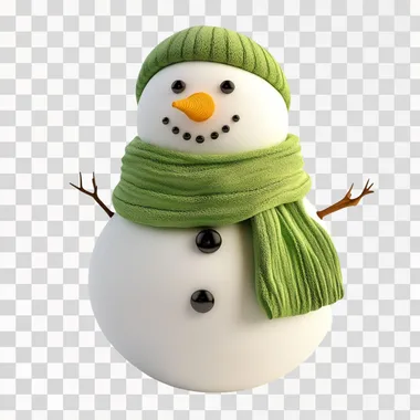 A snowman character with a green scarf on white studio background