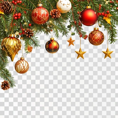 The leaves of the Christmas tree will be on the top of the picture and the leaves will look realistic, and the Christmas balls and Christmas stars will hang from the leaves, white background, making the whole picture look realistic.