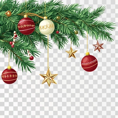 The leaves of the Christmas tree will be on the top of the picture and the leaves will look realistic, and the Christmas balls and Christmas stars will hang from the leaves, white background, making the whole picture look realistic.