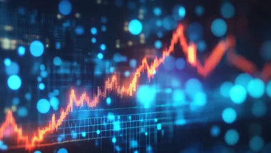 Digital background featuring an upward trending financial graph with arrow pointing upwards, representing stock market growth and prosperity, set against blue lights with a blurred business chart in the foreground.