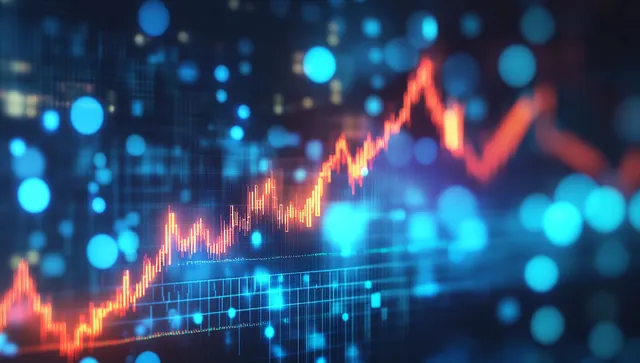 Stock Market Growth Chart with Upward Arrow and Blurry Blue Lights