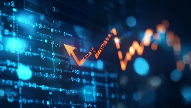 Digital background featuring an upward trending financial graph with arrow pointing upwards, representing stock market growth and prosperity, set against blue lights with a blurred business chart in the foreground.