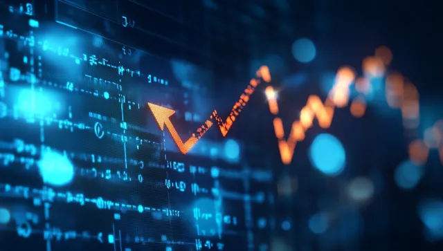 Close-Up of Computer Screen with Upward Financial Graph and Arrow