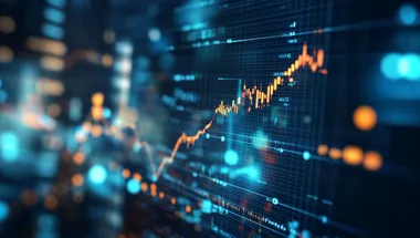 Digital background featuring an upward trending financial graph with arrow pointing upwards, representing stock market growth and prosperity, set against blue lights with a blurred business chart in the foreground.