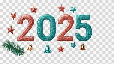 glittering "2025" with Christmas stars and bells, clean white background, commercial holiday celebration style copy space for text, clean visual composition in minimalist style, style raw --s 500  deep depth of field    773tzfv