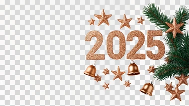glittering "2025" with Christmas stars and bells, clean white background, commercial holiday celebration style copy space for text, clean visual composition in minimalist style, style raw --s 500  deep depth of field    773tzfv