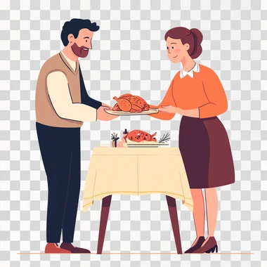 mom gives dad the best piece of roasted chicken at the dinner table , simple vector illustration, flat rate art, white background