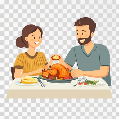 mom gives dad the best piece of roasted chicken at the dinner table , simple vector illustration, flat rate art, white background