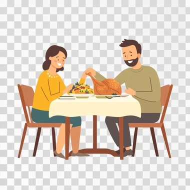 mom gives dad the best piece of roasted chicken at the dinner table , simple vector illustration, flat rate art, white background