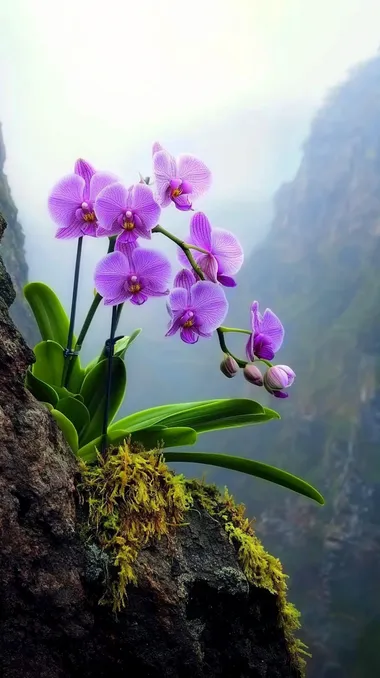 On the cliffs in the mountains, A purple butterfly orchid grows in the gap, Lush flowers, Delicate, high definition photoing      --cw 70