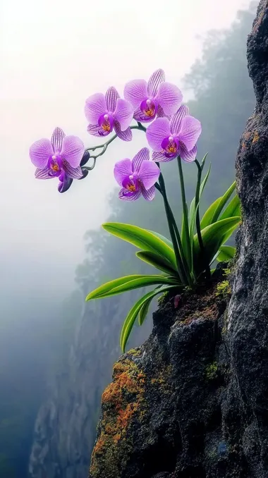 On the cliffs in the mountains, A purple butterfly orchid grows in the gap, Lush flowers, Delicate, high definition photoing      --cw 70
