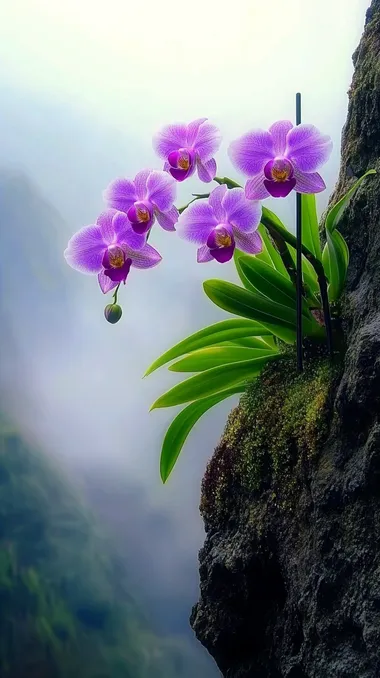On the cliffs in the mountains, A purple butterfly orchid grows in the gap, Lush flowers, Delicate, high definition photoing      --cw 70