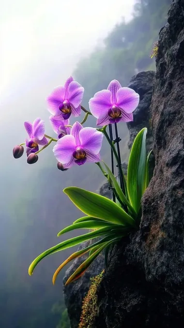 On the cliffs in the mountains, A purple butterfly orchid grows in the gap, Lush flowers, Delicate, high definition photoing      --cw 70