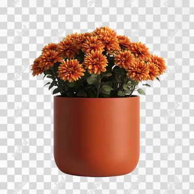 a realistic image of an autumn modern plant pot with chrysanthemums in it, white background