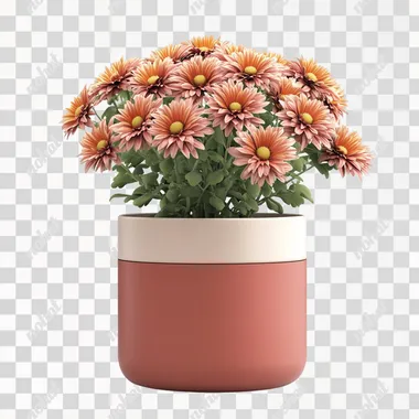 a realistic image of an autumn modern plant pot with chrysanthemums in it, white background