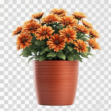 a realistic image of an autumn modern plant pot with chrysanthemums in it, white background