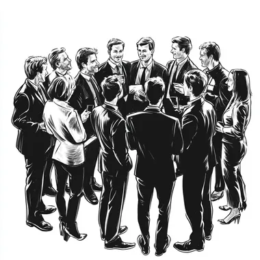 Entrepreneurial networking. Illustration. Full body. Black & white. No background.