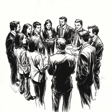 Entrepreneurial networking. Illustration. Full body. Black & white. No background.