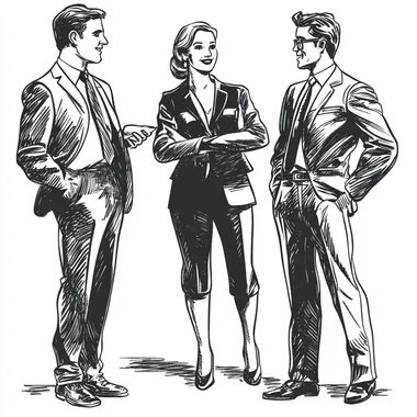 Entrepreneurial networking. Illustration. Full body. Black & white. No background.