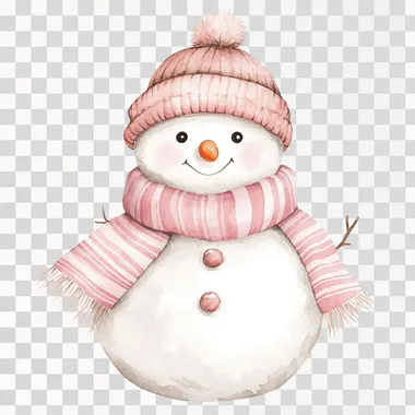 Snowman vector illustration, Snowman Vector Art, snowman, wearing a pink wool hat and pink striped wool scarf, clipart, vector, white background
