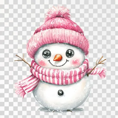 Snowman vector illustration, Snowman Vector Art, snowman, wearing a pink wool hat and pink striped wool scarf, clipart, vector, white background