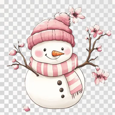 Snowman vector illustration, Snowman Vector Art, snowman, wearing a pink wool hat and pink striped wool scarf, clipart, vector, white background